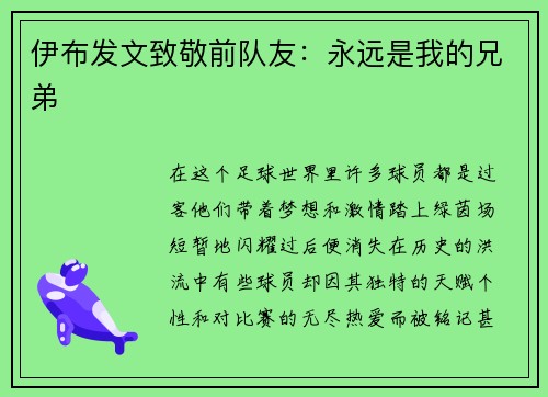 伊布发文致敬前队友：永远是我的兄弟